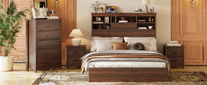 English Elm 4PCS Queen Bedroom Set with Storage Headboard & Built‑In Charging Station, 2 Nightstands, Dresser Walnut 54.25 L x 18.75 W x 9.25 H N733S307937W