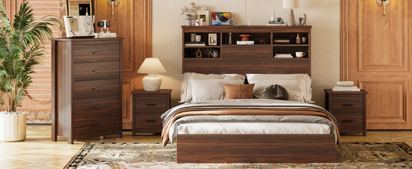 English Elm 4PCS Queen Bedroom Set with Storage Headboard & Built‑In Charging Station, 2 Nightstands, Dresser Walnut 54.25 L x 18.75 W x 9.25 H N733S307937W