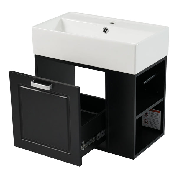 English Elm Christopher Knight Home® - 21.8" Wall-Mounted Bathroom Vanity with Ceramic Sink, Soft-Close Drawer, Adjustable Shelves & Tissue Holder Black N759P292550B