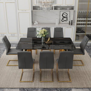 English Elm Table With Glass Top & 8 Chairs - Modern Imitation Marble Dining Set With Golden Stainless Steel Legs W1151S04331-GIGA