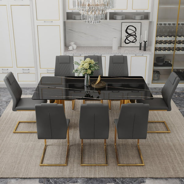 English Elm Table With Glass Top & 8 Chairs - Modern Imitation Marble Dining Set With Golden Stainless Steel Legs W1151S04331-GIGA