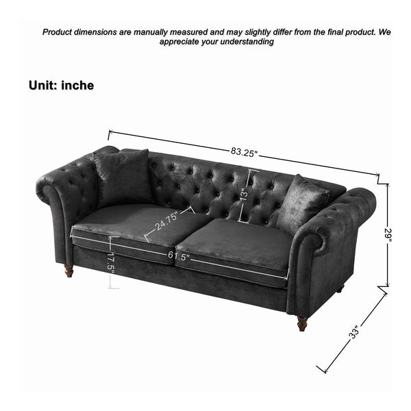 English Elm 83"Chesterfield Plush Tech Fabric Sofa with Roll Armrests, Mid-Century Upholstered 3-Seater Comfort Durable Frame Black W3373S00001