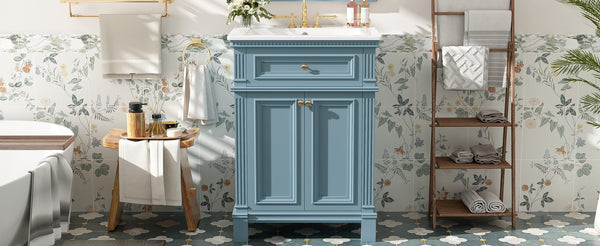 English Elm 24'' Carved Farmhouse Bathroom Vanity with Ceramic Sink Soft Close Storage Cabinet Indigo Blue N710P446530M