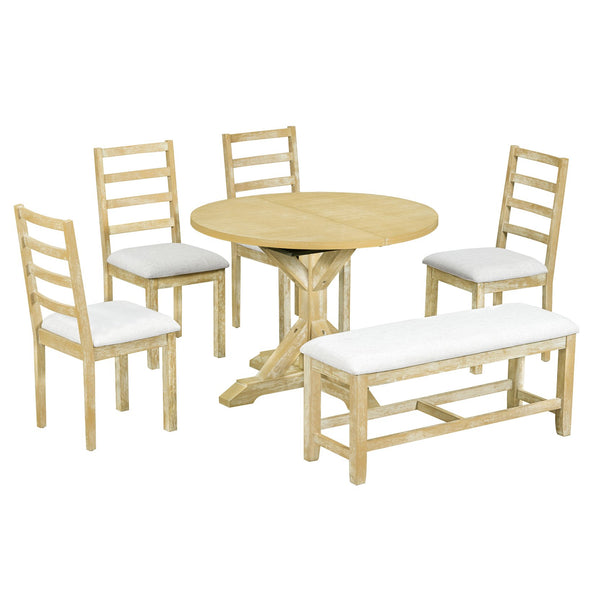 English Elm Topmax Farmhouse Extendable Pedestal Dining Set Seats Six with Ladder Back Chairs Natural+Beige N717S000060N
