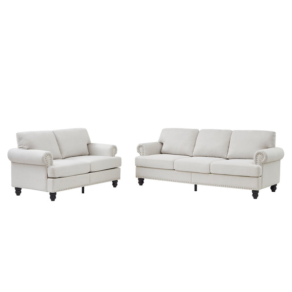 English Elm Modern Classic Living Room 2+3 Seater Sofa Set with Nailhead Trim, Removable Covers, Coil Springs, Hidden Storage Beige W1097S00173
