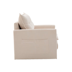 English Elm UNITED Swivel Barrel Chair with Chenille Upholstery, 360° Smooth Rotation, Padded Arm Comfort and Side Pockets for Living Room Relaxation Beige W1568P290083