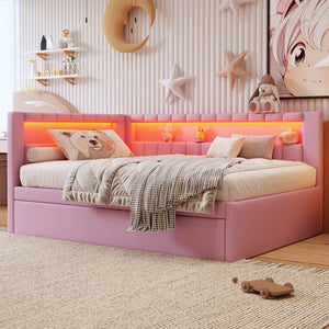 English Elm Upholstered Full Platform Bed with Trundle, Built-In USB Ports & LED Accent, Linen Upholstery Pink DL001925AAH