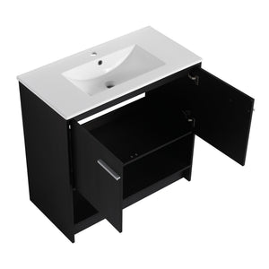English Elm 36" Bathroom Vanity With Ceramic Sink, Soft-Close Doors, Modern Plywood Cabinet & Open Shelf Storage W1972S00020