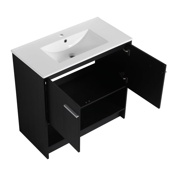 English Elm 36" Bathroom Vanity With Ceramic Sink, Soft-Close Doors, Modern Plywood Cabinet & Open Shelf Storage W1972S00020