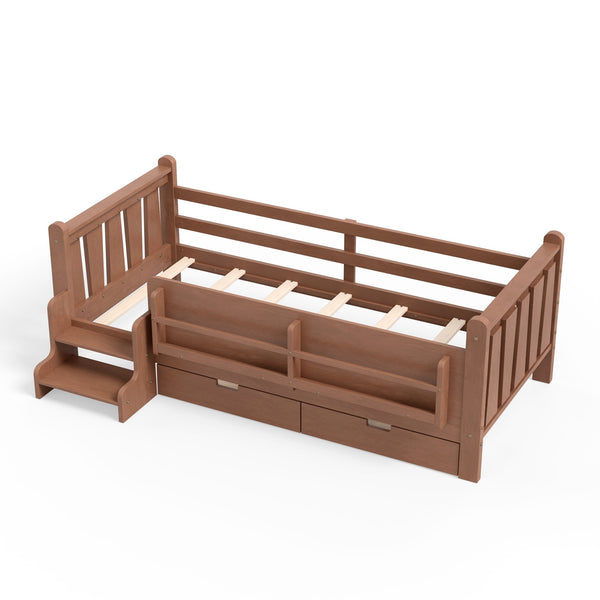 English Elm Twin Pine Floor Bed with Guardrails Built-in Bookcases and Stair Steps for Kids Natural W1580P430200