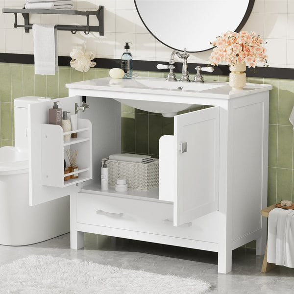 English Elm 36" White Bathroom Vanity with Ceramic Sink, Soft-Close Doors, Divided Drawer & Double Shelves for Organized Modern Bathrooms N729P276609K