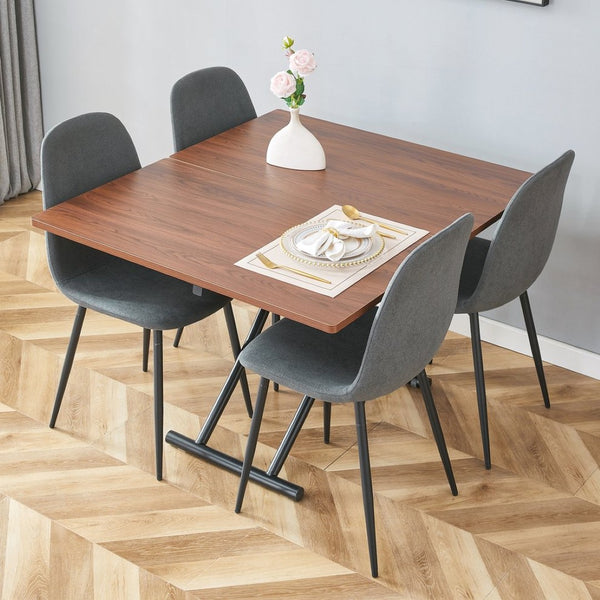 English Elm Table Multifunctional Lift Set With Walnut Finish And 4 Dark Gray Linen Chairs For Modern Living W1151S03785-GIGA