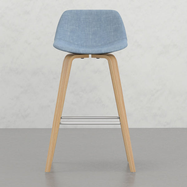 English Elm Harvard Bentwood Counter/Bar Height Stool Set of 2 - Denim Blue Linen-Look Seats, Mid-Century Wood Frame, Chrome Footrest B2732P253615