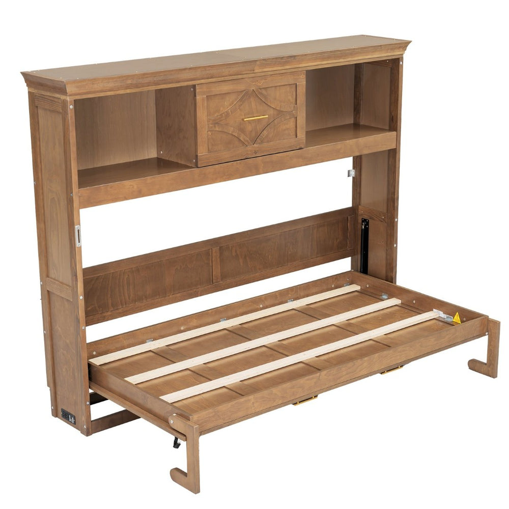 English Elm Twin Size Murphy Bed With Charging Station, Storage Drawer & Stylish Wood Finish For Space-Saving Design N7090004019D-GIGA