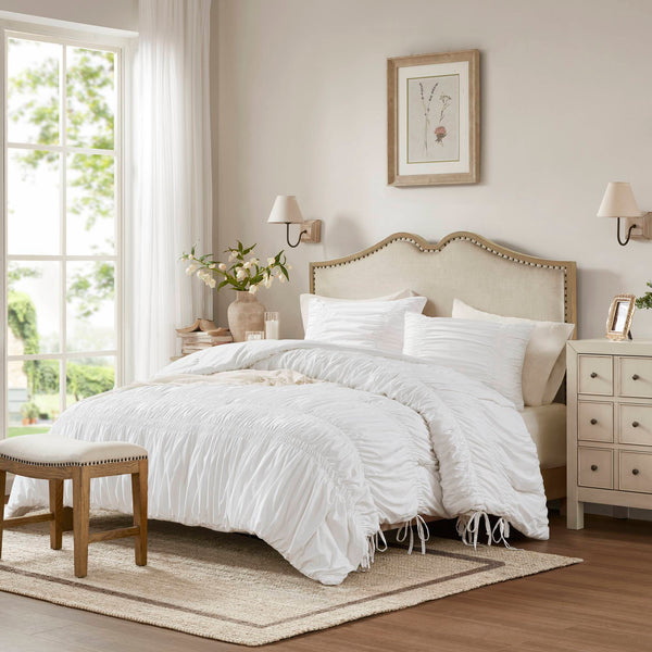 English Elm 2pcs Shabby Chic Ruched Comforter Set Bow Trim Brushed Polyester Fill Romantic Bedroom White B035P341082