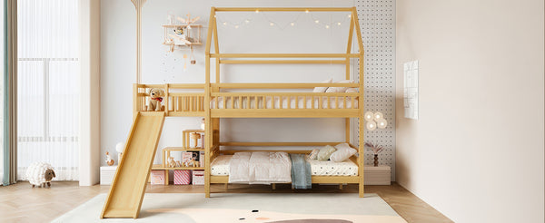 English Elm Full Bunk Bed with Trundle Bookshelf Storage Pine Frame Car Design for Kids Natural W1580S00303