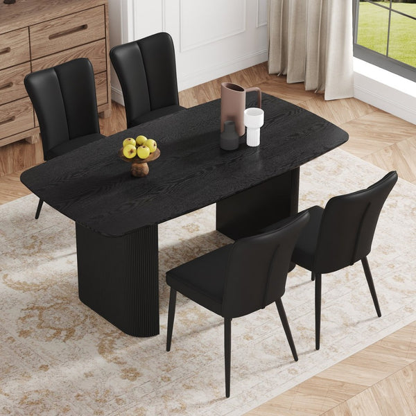 English Elm Table Set: Modern Black Wood Grain Dining Table With 4 Stylish Pu Chairs For Elegant Dining Experience W1151S04180-GIGA