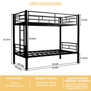 English Elm Twin Metal Bunk Bed for Kids - Durable Twin Over Twin Bedframe with Guardrails, Ladder, Convertible W1935P294047