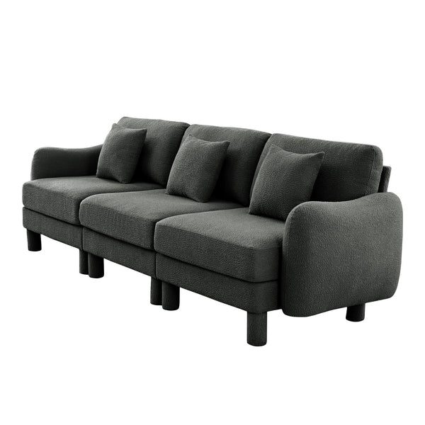 English Elm Boucle 3-Seater Sofa With Shell-Shaped Armrests & Cylindrical Legs - Dark Grey Modern Elegance W3041S00300