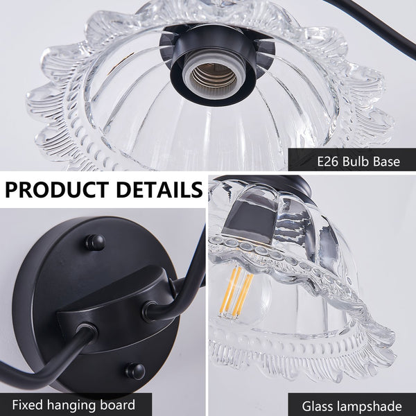 English Elm 24 Vintage 3-Light Wall Sconce with Iron and Glass Shades – Stylish Hardwired Vanity Fixture for Bathroom Mirror Black W2312P374844
