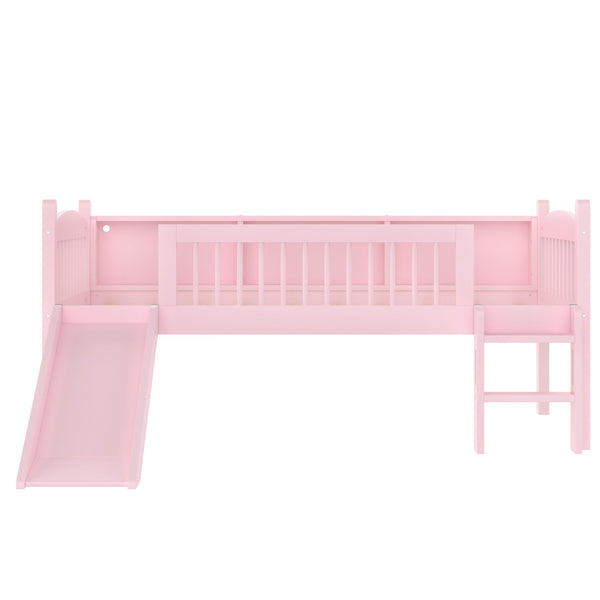 English Elm Twin Xl Solid Pine Loft Bed with Built-in Led Lighting and Storage Shelves Pink W1580S00365