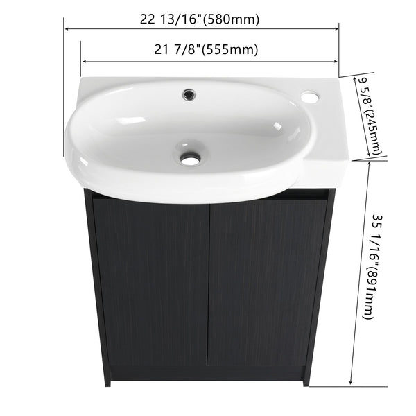 English Elm 23" Freestanding Bathroom Vanity with Ceramic Vessel Sink, Soft-Close Doors, Adjustable Shelf Storage Black Chestnut W999P206107