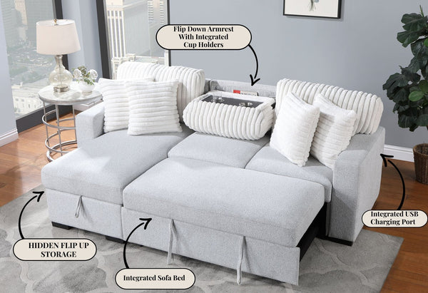 English Elm FORD Light Gray/White Reversible Pull-Out Sofa Bed with Plush Cushions, Flip-Down Console & Cup Holders B201S00131