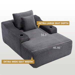 English Elm 67" Corduroy Oversized Chaise Sleeper Sofa Deep Seat Boneless Lounge with Cup Holder Pillows Dark Grey W1803P409258