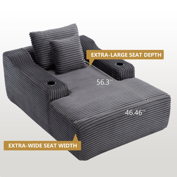 English Elm 67" Corduroy Oversized Chaise Sleeper Sofa Deep Seat Boneless Lounge with Cup Holder Pillows Dark Grey W1803P409258