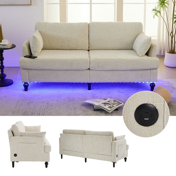 English Elm Modern chenille 2-seater sofa with LED lighting, USB charging, storage pocket, sturdy wood legs Beige W395P318540