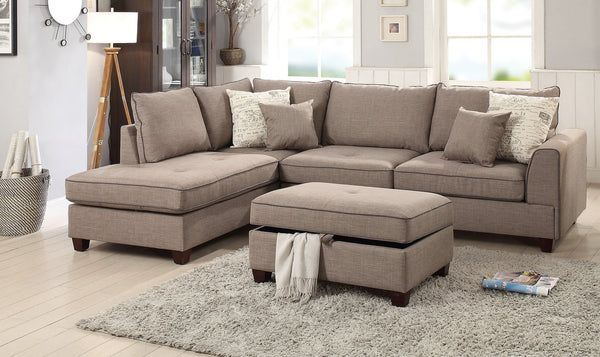 English Elm Beautiful 3-pcs Sectional Sofa with Reversible Chaise and Storage Ottoman Plush Summer Hues Comfort Mocha 76 L x 35 W x 16 H B011S01056