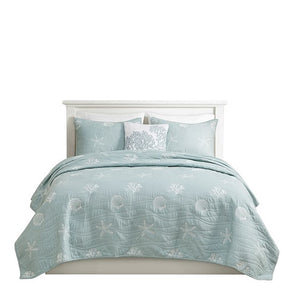 English Elm 4 Harbor House Seaside Cotton Percale Reversible Quilt Set with Embroidered Starfish and Shells, Full/Queen Aqua 20.87 L x 16.93 W x 10.24 H B03595790