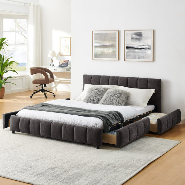 English Elm Queen Chenille Upholstered Platform Bed with Storage Drawers and Padded Headboard Dark Gray W487P235286