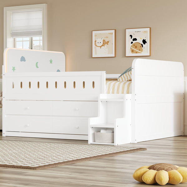English Elm Wooden Full Bed Frame with Led Headboard Four Storage Drawers and Ladder Shelf White N7090004028K