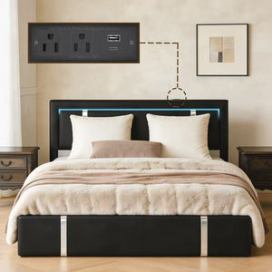 English Elm Queen Platform Bed Wingback Diamond Quilted Headboard Led Lighting Storage Drawers Black W5722P462695