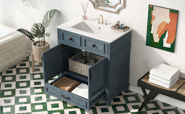 English Elm 30'' Bathroom Vanity with Sink - Retro Solid Wood Frame, Ceramic Basin, Soft-Close Doors & Ample Storage Blue N710P190656C