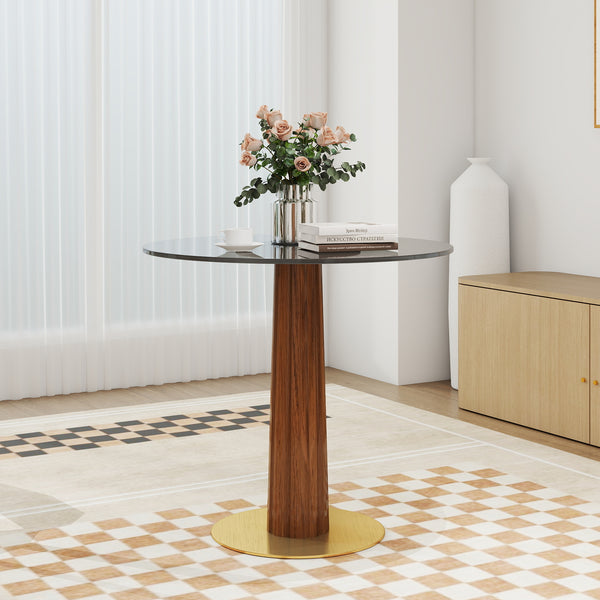 English Elm Modern Round Dining Table - 33.5" Glass Top With Wooden Legs & Gold Base For Cozy Spaces, 150 Lbs W1535S00596