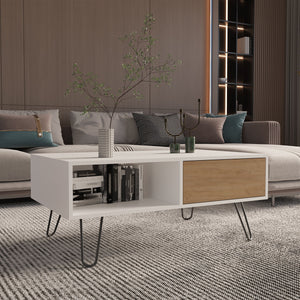 English Elm Coffee engineered wood coffee table on casters with single shelf, minimalist, durable, eco-friendly White + Light Oak 45.67 L x 39.6 W x 3.94 H B097P262379