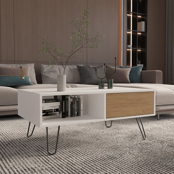 English Elm Coffee engineered wood coffee table on casters with single shelf, minimalist, durable, eco-friendly White + Light Oak 45.67 L x 39.6 W x 3.94 H B097P262379