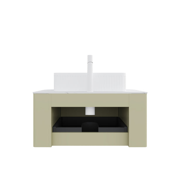 English Elm Muri Floating Bathroom Vanity Plywood Cabinet Sintered Stone Top Oak Drawer W2615S00565