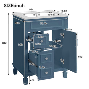 English Elm 24" French Inspired Bathroom Vanity with Ceramic Basin Soft Close Cabinet and 2 Drawers Blue N710P318990C
