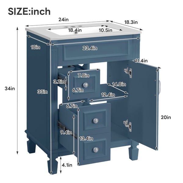 English Elm 24" French Inspired Bathroom Vanity with Ceramic Basin Soft Close Cabinet and 2 Drawers Blue N710P318990C