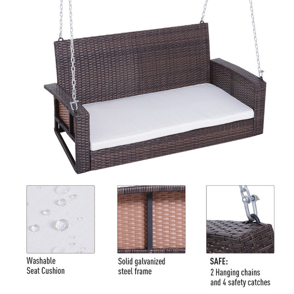 English Elm Outsunny 2-Person Wicker Hanging Swing Bench – Cozy Cream White Outdoor Chair With Cushions, 550 Lbs Capacity For Patios & Gardens W2225P217680-GIGA