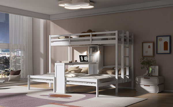 English Elm Twin Triple Bunk Bed with Built in Desk Open Shelving and Led Task Lighting White N7090002243K
