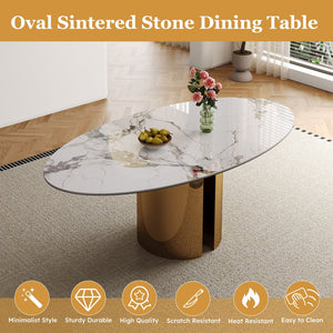 English Elm 70.9-inch Sintered Stone oval dining table with copper stainless base, kid-safe rounded edges, modern chic centerpiece (97) W509S00149