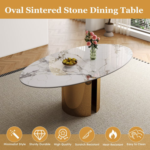 English Elm 70.9-inch Sintered Stone oval dining table with copper stainless base, kid-safe rounded edges, modern chic centerpiece (97) W509S00149