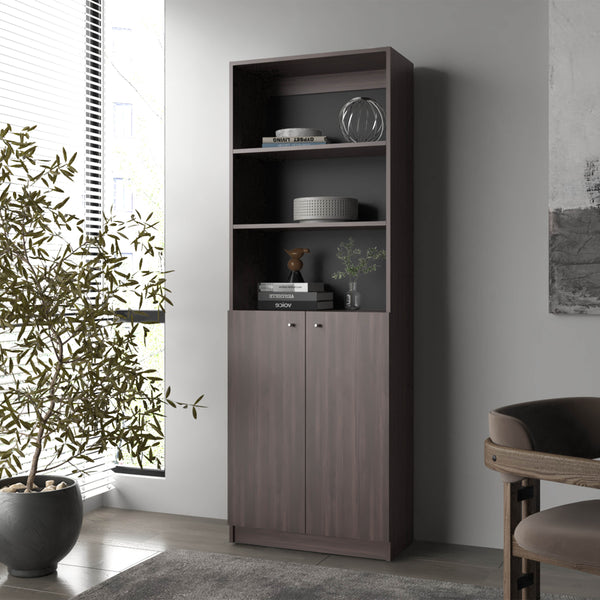 English Elm Fm Furniture Beyerville Bookcase - Stylish Open Shelving & Concealed Storage In Stained Walnut Finish B128P301396