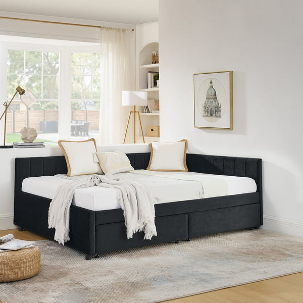 English Elm Full Size Upholstered Tufted Daybed Frame With Storage Drawers, Plush Velvet In Elegant Black Finish W1413S00088