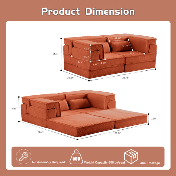 English Elm Compression Mahjong Sofa - Versatile Modular Floor Sofa Bed In Orange, Plush Memory Foam Comfort W3723P377144