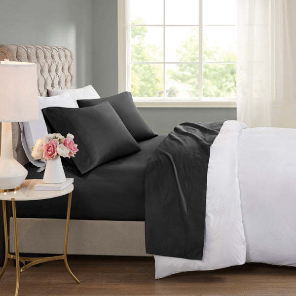 English Elm 4-piece Queen Sateen Cotton Blend Sheet Set for Cool Breathable Sleep Year Round Black B035P437454